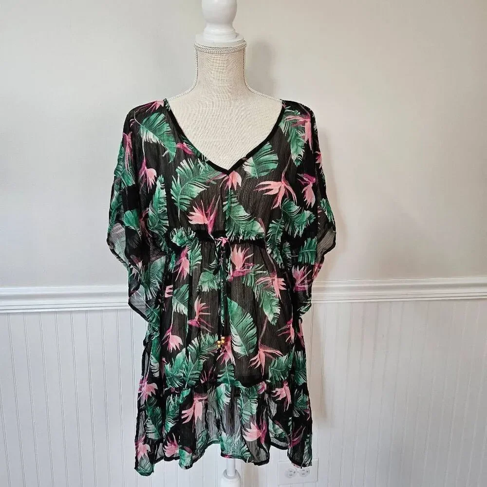 Miken Black and Green Palm and Floral Print Sheer Swim Coverup Size Medium